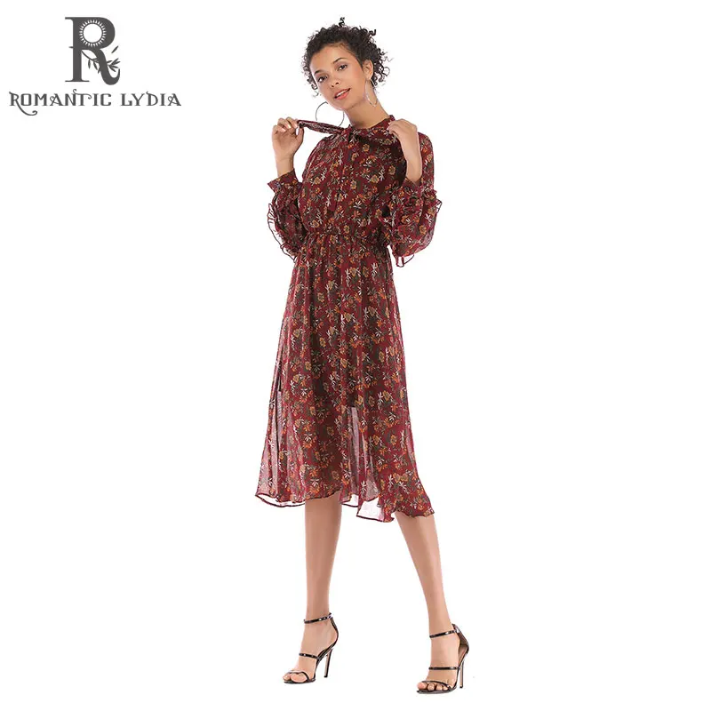 

Spring Autumn Lady Long Chiffon Dress 2019 New Women Mesh Flower Print Pleated Dresses Female Vestidos