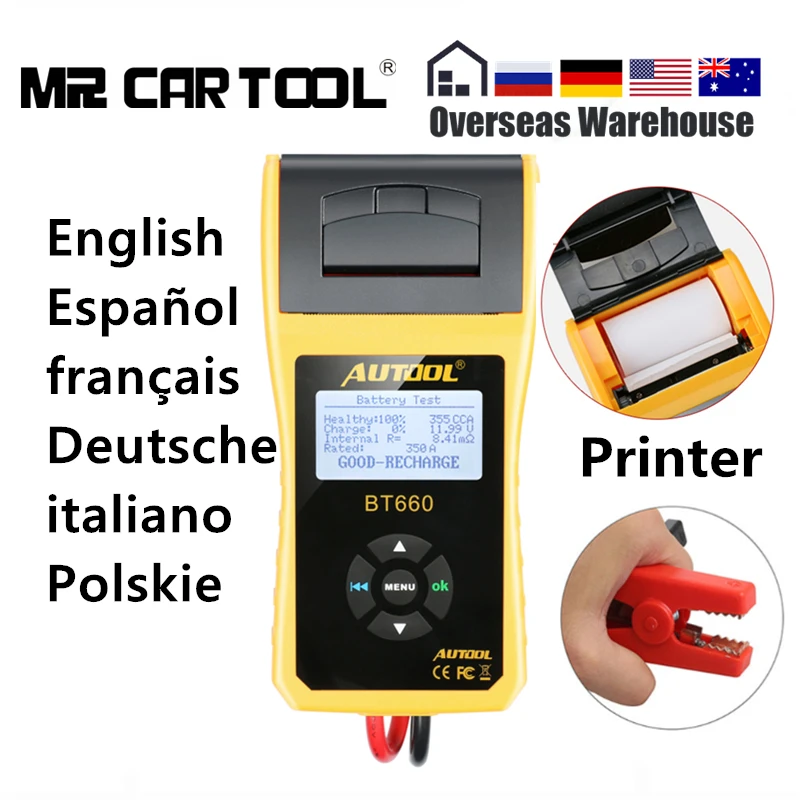 

AUTOOL BT660 12V Car Battery Tester Analyzer Printer 3000 CCA Auto Cranking Charging Volt Test Multi-language Digital Portable