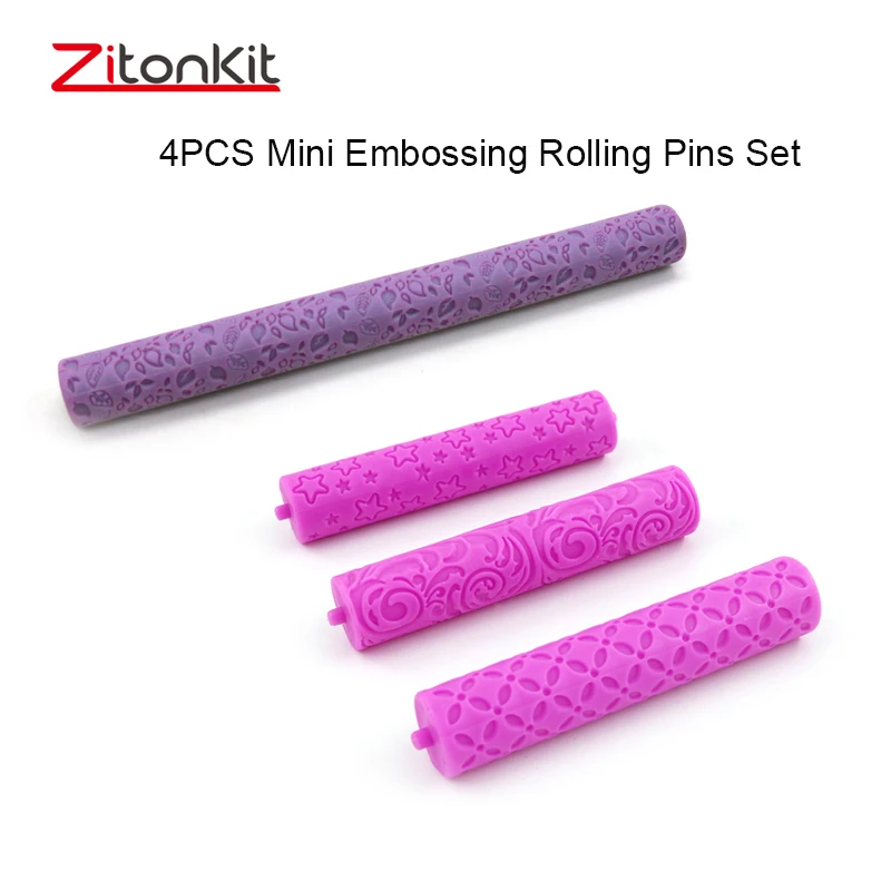 

4pcs Mini Embossing Rolling Pin Dough Roller Non-stick Plastic Fondant Cake Decorating Tools Crafts Baking Maker 9inch Kitchen