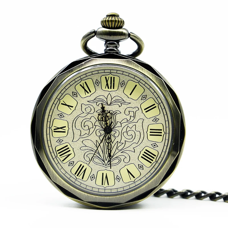 

New Bronze Mechanical Pocket Watch Roman Dial Pocket Watch Men's Clock With Fob Chain Best Gift