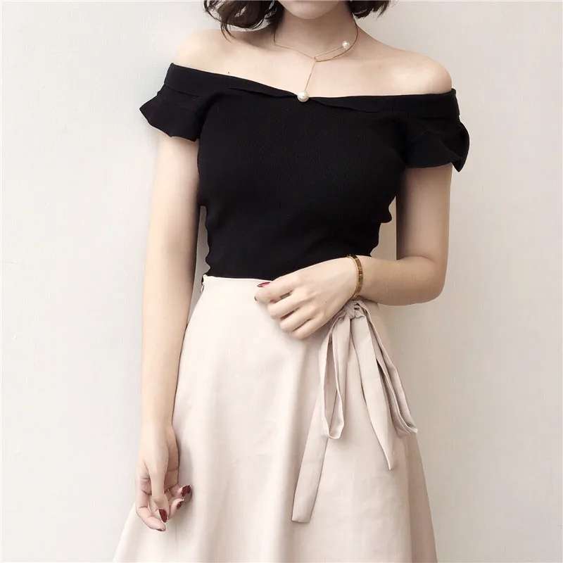 

Pantalon Off shoulder slash neck t shirt women Striped short sleeve T-shirts knitted tshirt for women summer top female