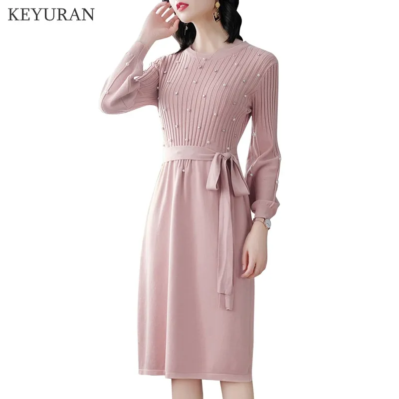 2018 Autumn New Lantern Long Sleeve Stretch Knitted Dress Bow Tie Up Pearl Beading Drill Elegant Pink Sweater Dresses Vestidos