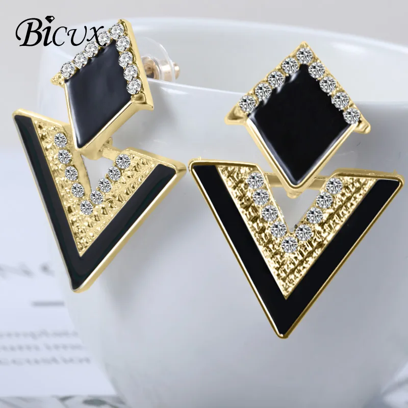 

BICUX Korean Statement Geometric Triangle Crystal Drop Earrings for Women Girl Fashion Gold Silver Clove Hanging Earring Jewelry