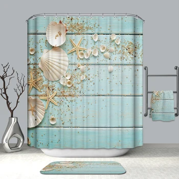 

3D Seashell Starfis Shower Curtains Simple Bamboo and Flower Waterproof Mildew Proof Thickened Bath Curtains for Bathroom