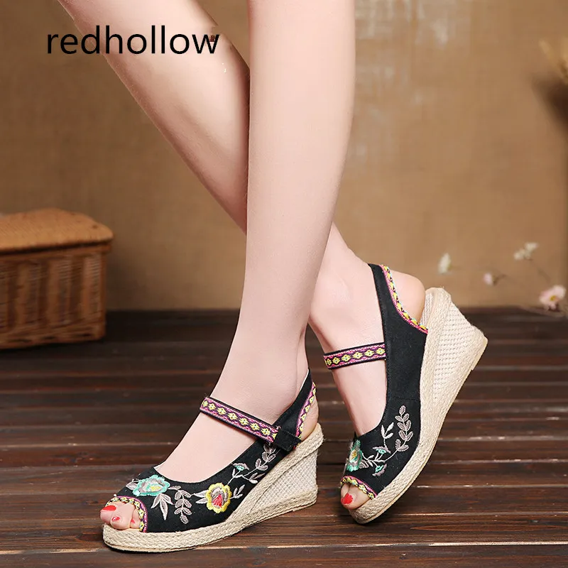 

2019 Canvas Vintage Women Straw sandals new high-heeled wedge sandals national embroidered Floral shoes Girl sandals Summer