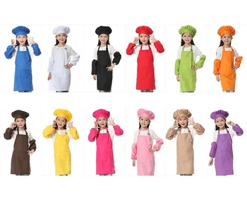 

3pcs/set Children Kitchen 12 Colors Kids Aprons with Oversleeve & Chef Hats for Painting Cooking Baking W7441