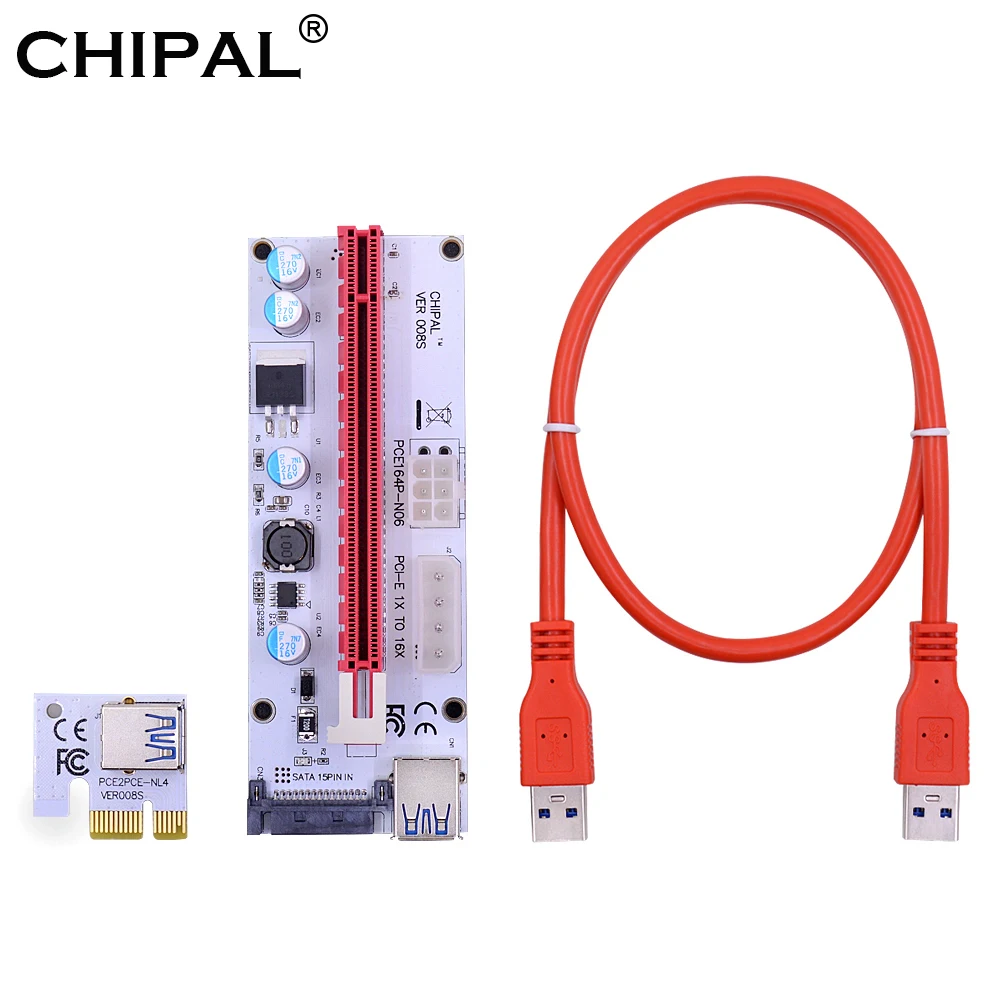 CHIPAL VER008S 60 см PCI Express E Райзер карта 008S PCIE 1X к 16X адаптер 4Pin 6Pin SATA Power для майнинга