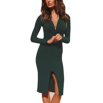 

Elegant Long Sexy Twisting Design Dress Dresses V Ladies Solid Fashion Sleeve Neck Deep Knitting Knee-length Split
