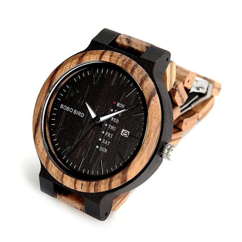 BOBO BIRD Antique Mens Zebra and Ebony Wood Watches with Date and Week Display Business Watch in Wooden Gift Box