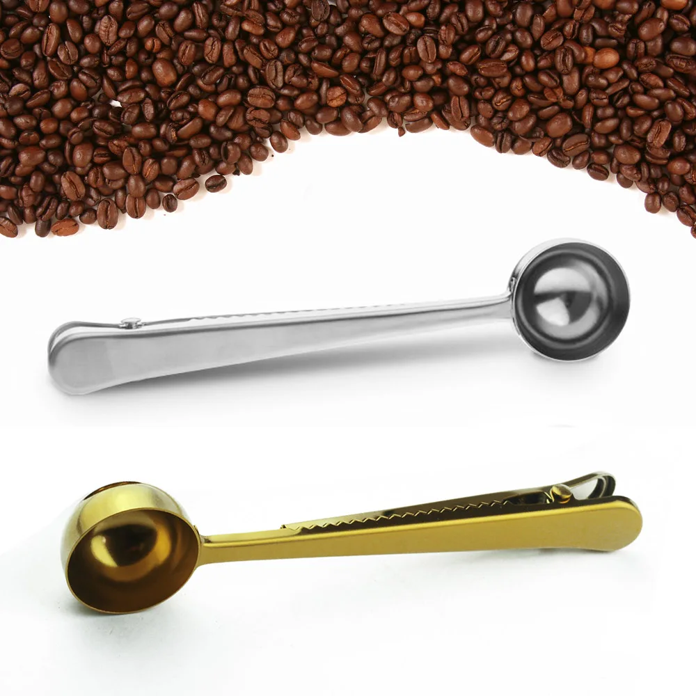 

Stainless Steel Coffee Spoon Built-in clip Multifunctional Sealing Clip Coffee Spoon Drinkware For Kitchen Tools Gold silver