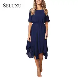 Вечерние женские повседневное летние платья для женщин 2019 элегантный vestidos роковой Jurken синий цвет короткий рукав твердые дамы миди платье e
