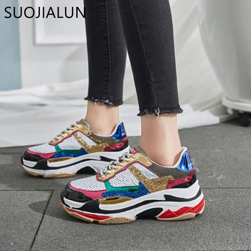 

SUOJIALUN Women Shoes Casual Flat Shoes Woman Lace Up Breathable Bling Sneakers For Women Round Toe Flat Shoes Platform Femme