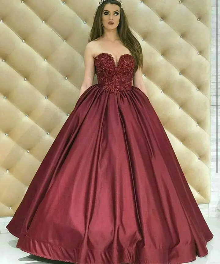 burgundy satin ball gown
