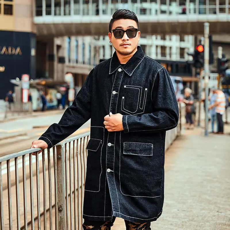 

Large size XXL-7XL Men's Denim Windbreaker Autumn and Winter Models in the long section of the tide brand Casual Jacket