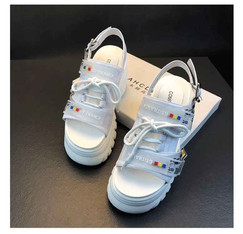 XDA Summer Women 8cm Wedge High Heels 2019 Chunky Sandals Buckle Female Shoes Platform Leather Casual Slippers Woman Sandals