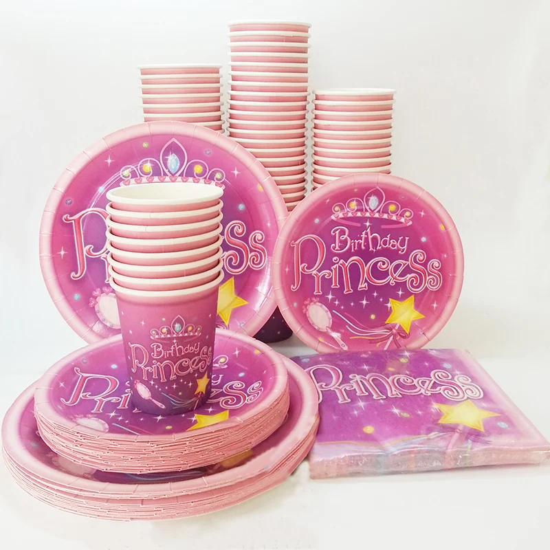 24/40pcs Birthday Party Supplies Disposable Paper Pink Set festival Lovely Decorative Princess Plates Dinnerware Cups Tableware