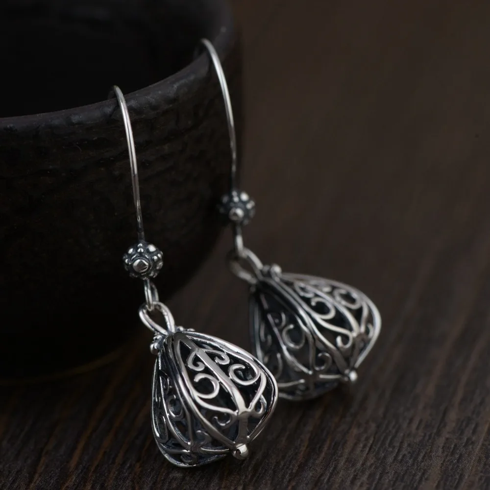 

Real 925 Sterling Silver Earrings For Women Vintage Punk Thai Silver Hollow Design Drop Earrings Fashion Jewelry Party New Gift