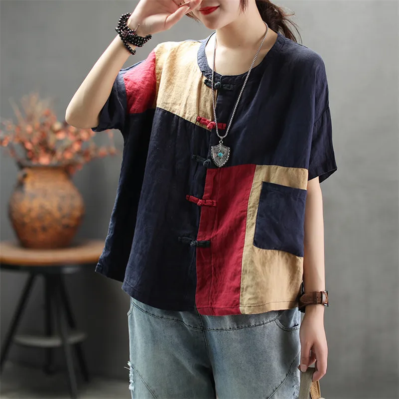 

QPFJQD Chinese Style Loose Casual Womens Tops Blouses Mandarin Collar Short Sleeve Literary Ladies Patchwork Summer Shirts
