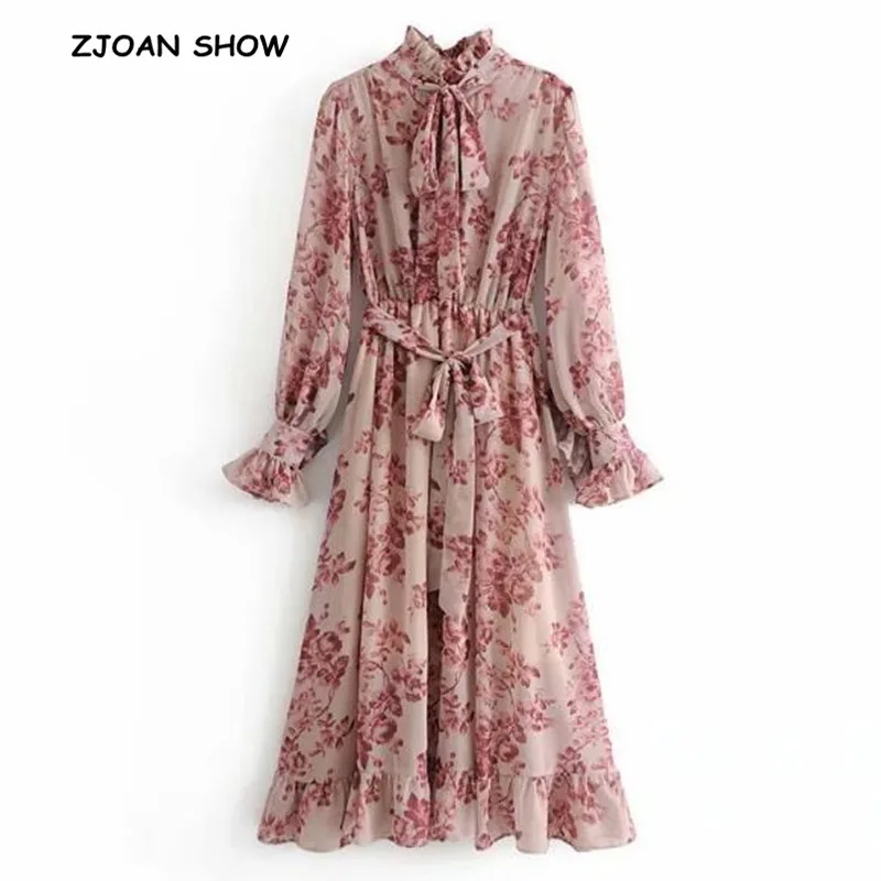 Skup 2019 wiosna nowy różowy kwiat wydruku z długim rękawem sukienka z szarfą kobiety w stylu Vintage fala łuk kołnierz Ruffles Hem sukienki Femme Vestido