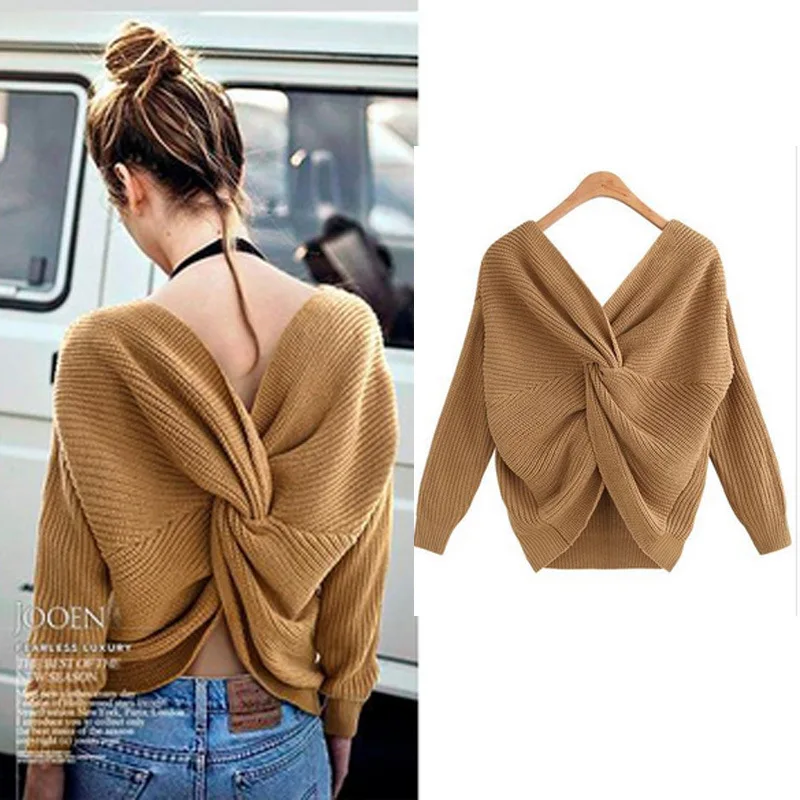 

Mr.nut new V-neck halter sweater back irregular cross knotted knitwear on both sides wear fashion women's clothing