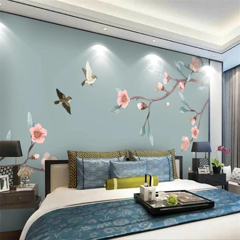 

beibehang Custom wallpaper 3d mural new Chinese style elegant peach hand-painted meticulous flower bird TV background wall paper