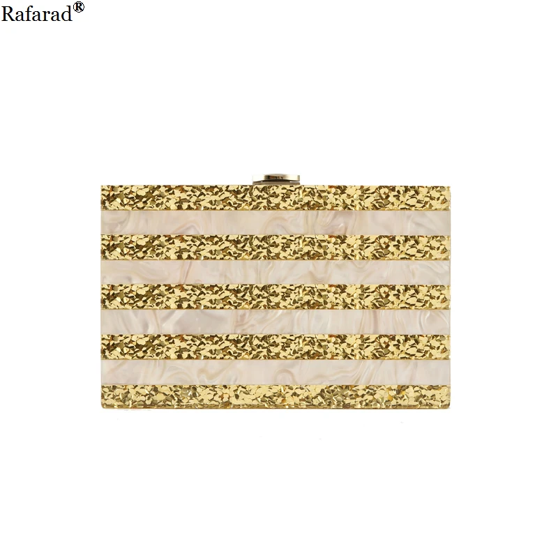 

Gold Glitter With Nude Pink Mix Acrylic Clutch Striped Box Bags Purse Wallet Summer Female Pattern Crossbody Casual Small Bags
