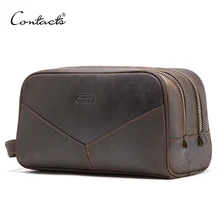 CONTACT'S-neceser de piel auténtica crazy horse para hombre, bolsa de aseo de viaje de gran capacidad, organizador de bolsas de maquillaje
