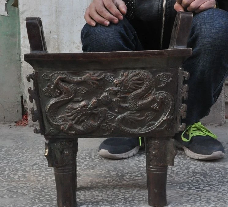 

15"Old Chinese Bronze 6 Dragon Play Bead Lucky Ding Tripod Incense burner Censer