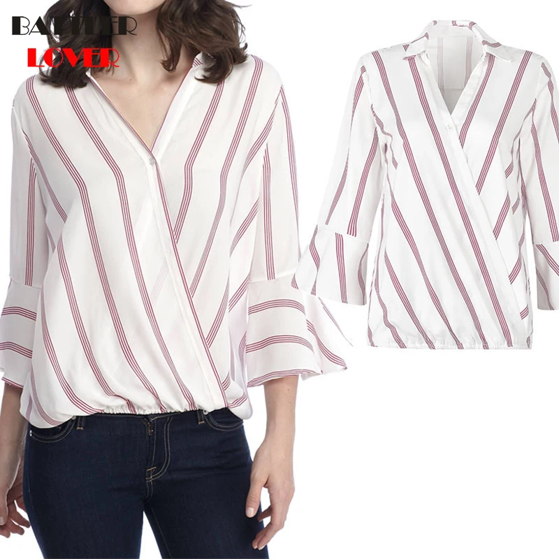 2019 Spring Summer Fashion Elegant Striped Women Shirts Sexy V-neck Flare Sleeve Tops Casual Loose Button Ladies Blouse Femme