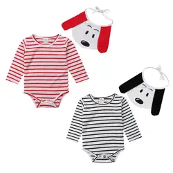 Одежда для малышей Детская для девочек и мальчиков в полоску комбинезон + нагрудник слюны Полотенца 2 шт. детская одежда