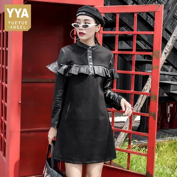

Autumn Long Sleeve Sheepskin Dress Women Streetwear Ruffles Loose Patchwork Natural Leather A-Line Dress Runway Midi Dress