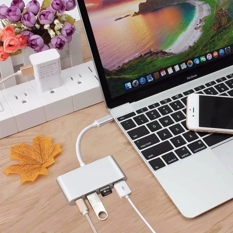 4-в-1 Thunderbolt 3 USB-C подключающийся аппаратный ключ USB 3,1 Тип C Hub адаптер с USB 3,0 5 Гбит/с для Macbook Pro Тип-C Интерфейс