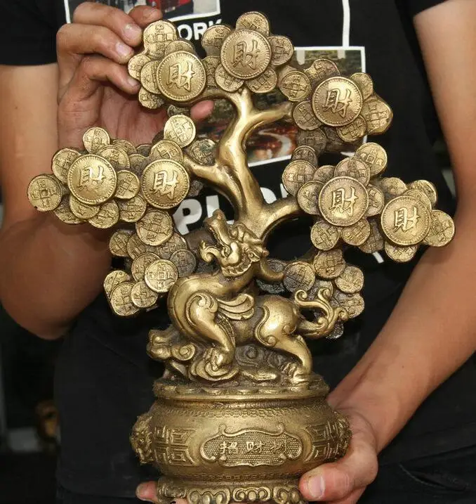 

Details about 13" Old Chinese Copper Pi Xiu Wealth Beast Money Tree treasure bowl Rich Statue