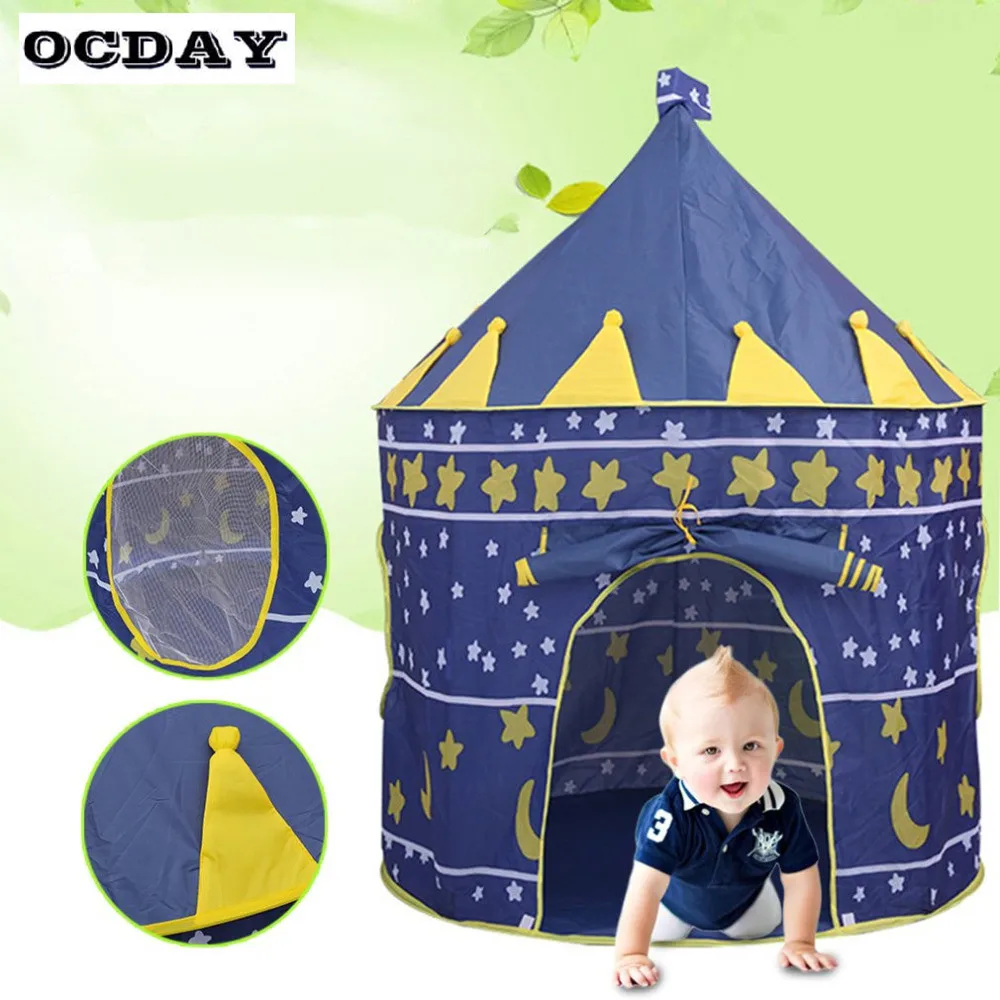 OCDAY 2 Colors Folding Kids Play Tent Toy Castle Prince Folding Tent Children Boys Girl Cubby