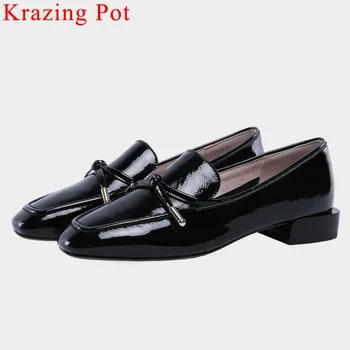 

Krazing Pot genuine leather low heel bowtie slip on British style square toe big size women pumps comfortable vocation shoes L11
