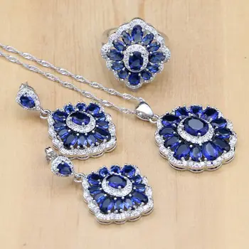 

Hyperbole 925 Silver Big Costume Jewelry Sets Blue Cubic Zirconia Crystal Women Party Earrings/Pendant/Necklace/Ring