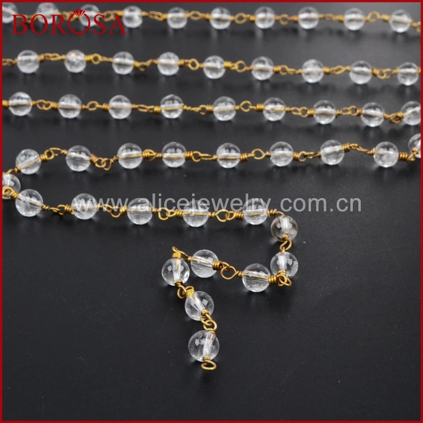 

BOROSA Gold Color 6mm Round Natural Clear Quartz Beads Wire Wrapped Rosary Chain Beaded Chains for Women Jewelry Making JT121