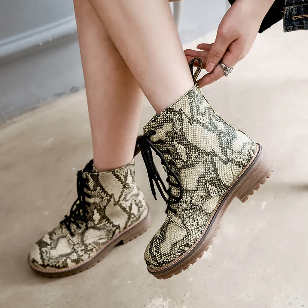 

Snake print Women boots lace up Single Boots Flat With Round Head Lace Large Size Ankle Boots Autumn Winter Leather Casual Shoes