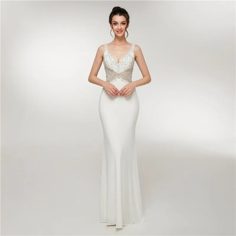Elegant White Evening Dress Long 2018 Mermaid V Neck Beaded Crystal Backless Women Formal Party Dresses Vestido De Festa