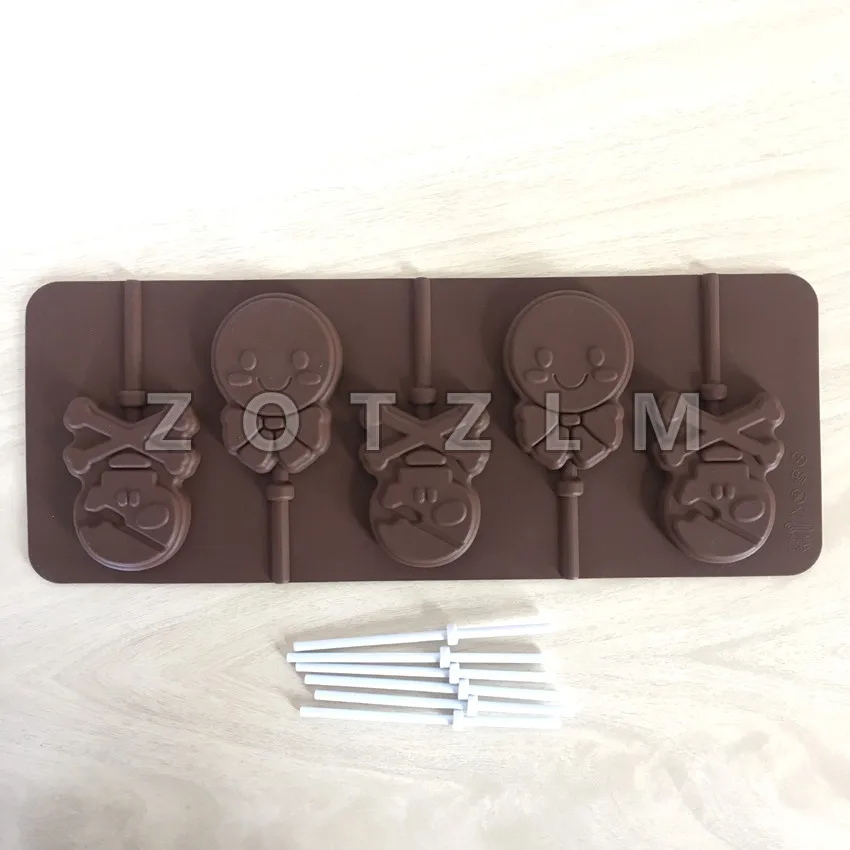 

5 Holes Pirate Halloween Skull & Smiling Face Shape Silicone Mold For Lollipop Chocolate,Candy Cake Ice Lolly Cookie Mould GQ030