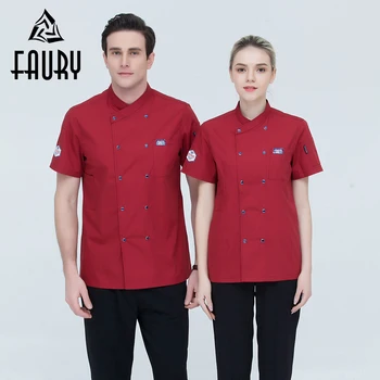 

Unisex Oblique Collar Double Breasted Short Sleeve Restaurant Work Wear Cooking Kitchen Uniforms Food Service Breathable Jackets