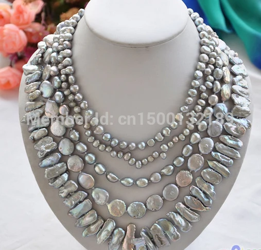 

j00508 5row GRAY BAROQUE RICE BIWA COIN FRESHWATER pearl necklace