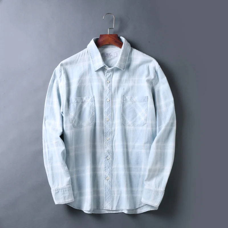 

2018 Fall Men Plaid Shirt Men Cotton Slim LS Formal Business Dress Shirts Plus Size S-2XL Discount Promotion Light Blue Plaid