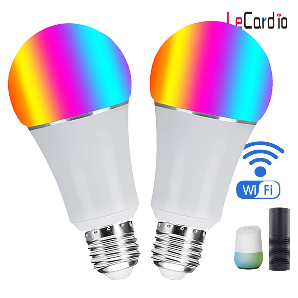 Wi-Fi лампы Smart RGB света, удаленный телефон приложение Управление, 7 W E26 E27 B22 ночник Совместимость с Alexa эхо и Google дома 2 шт