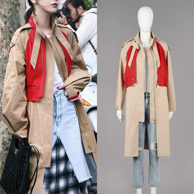 Faux two pieces fashion khaki patchwork windbreaker coat Womens Ankle-length Coat Trench Winter Fall Warm Overcoat