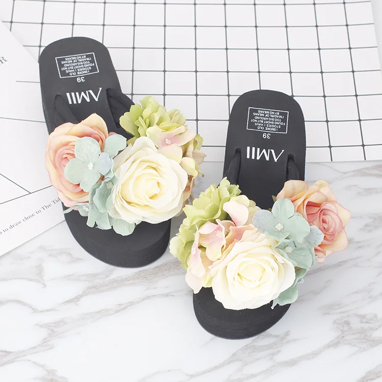 2017 Women Summer Flip Flops Cause Slippers Beautiful Flowers Female High Heel Cheap Platform Beach Shoes Online45