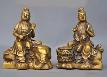 

wedding decoration old Chinese Bronze Wenshu Puxian Kwan-yin Ride Lion Elephant Buddha Ruyi Statue
