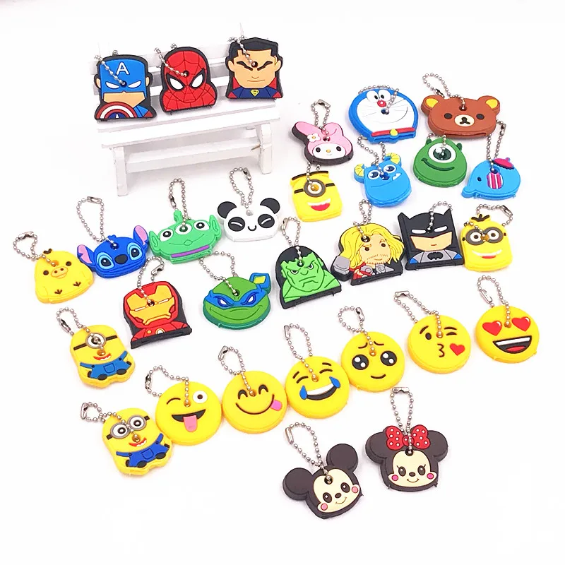 

40Pcs/lot Cute Cartoon Key Cover Emoji Avenger Batman Mickey Minnie Keychains Silicone Key Chain Key Ring Holder Kids Gift