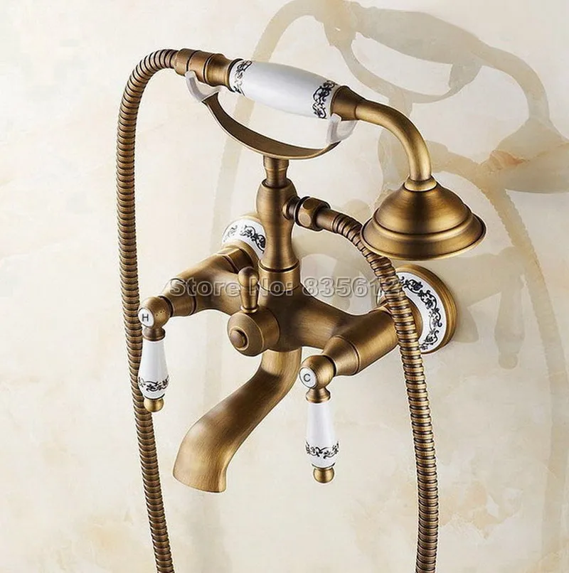 Antique Brass Dual Holder Dual Control Bath Tub Mixer Tap with Handheld Shower Head Wall Mounted