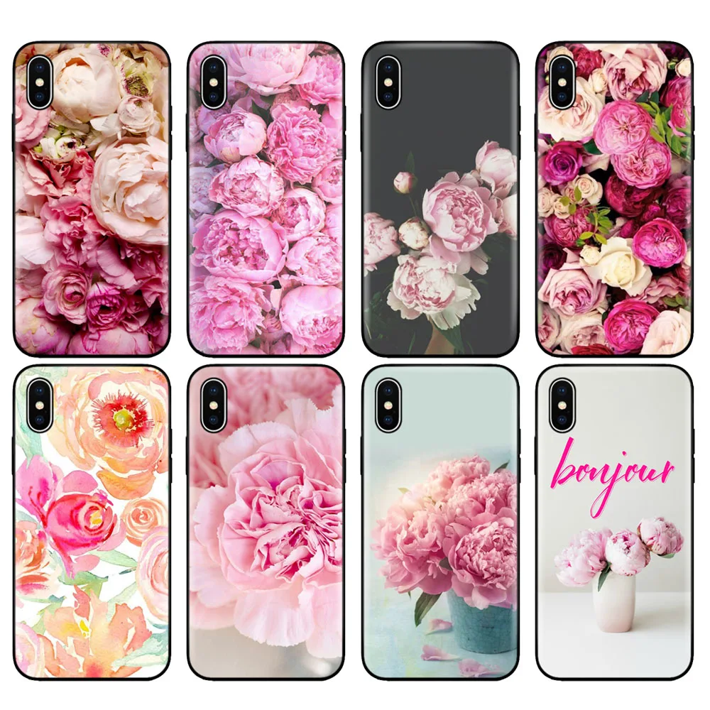 Custodia In Tpu Nero Per Iphone 5 5S Se 6 6S 7 8 Plus X 10 Custodia In Silicone Per Iphone Xr Xs 11 Pro Max Custodia Fiore Peonie Rosa